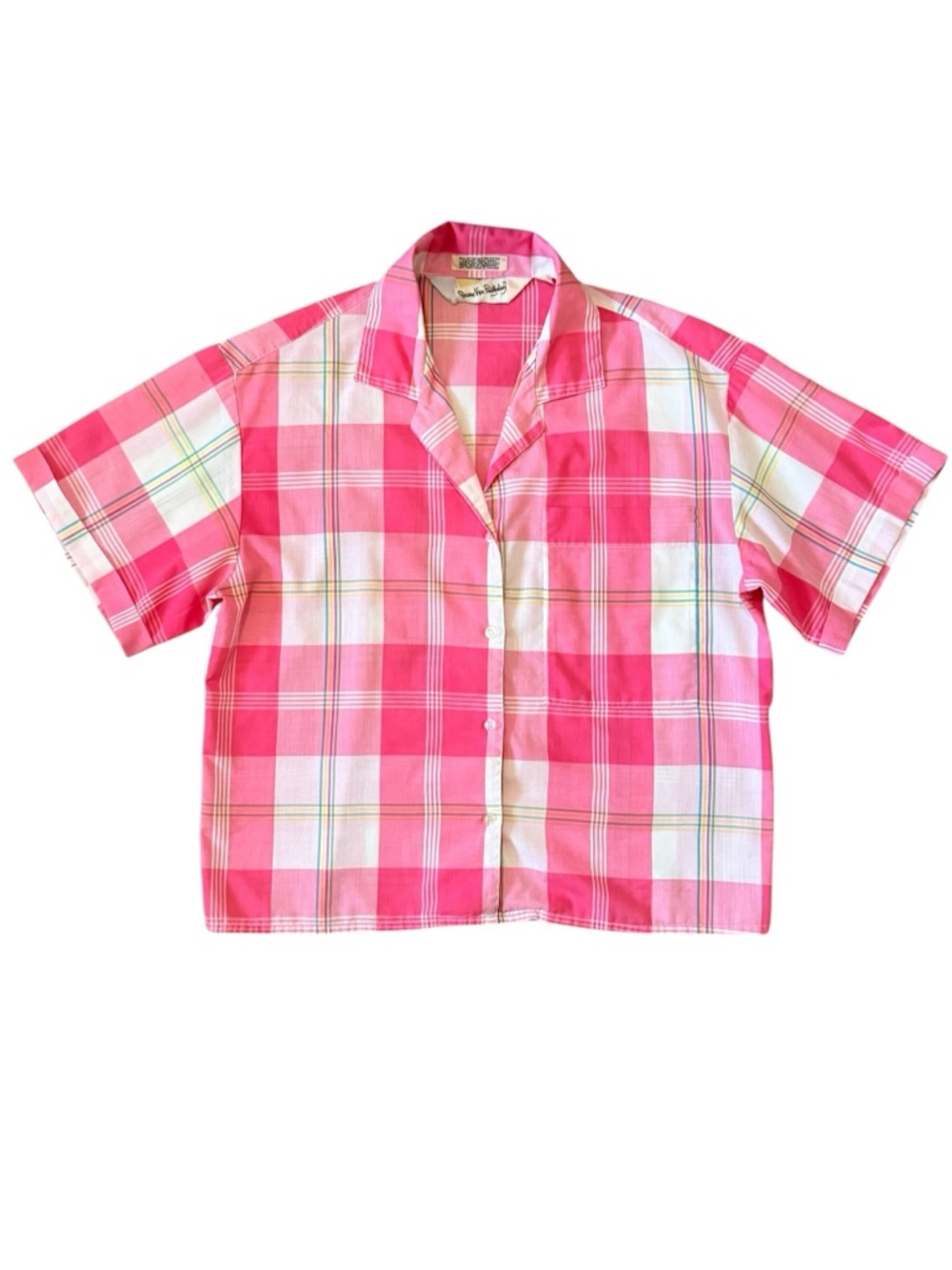 Vintage 1980’s Diane Von Furstenberg Pink Plaid Short Sleeve Button Down Shirt